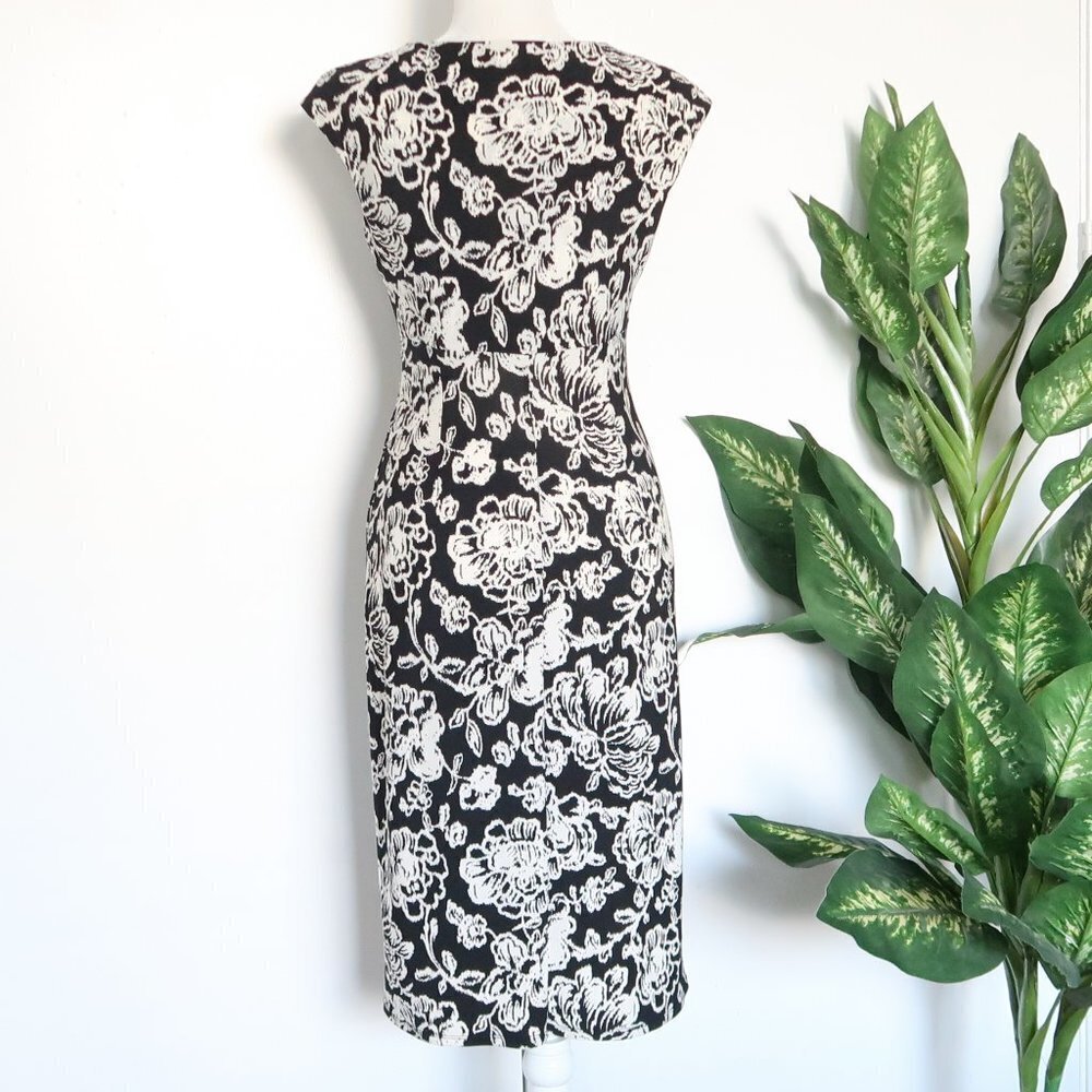Ralph Lauren Black & White Faux Wrap V-neck Slim Fit Midi Sheath Dress Size 2 - Picture 6 of 10